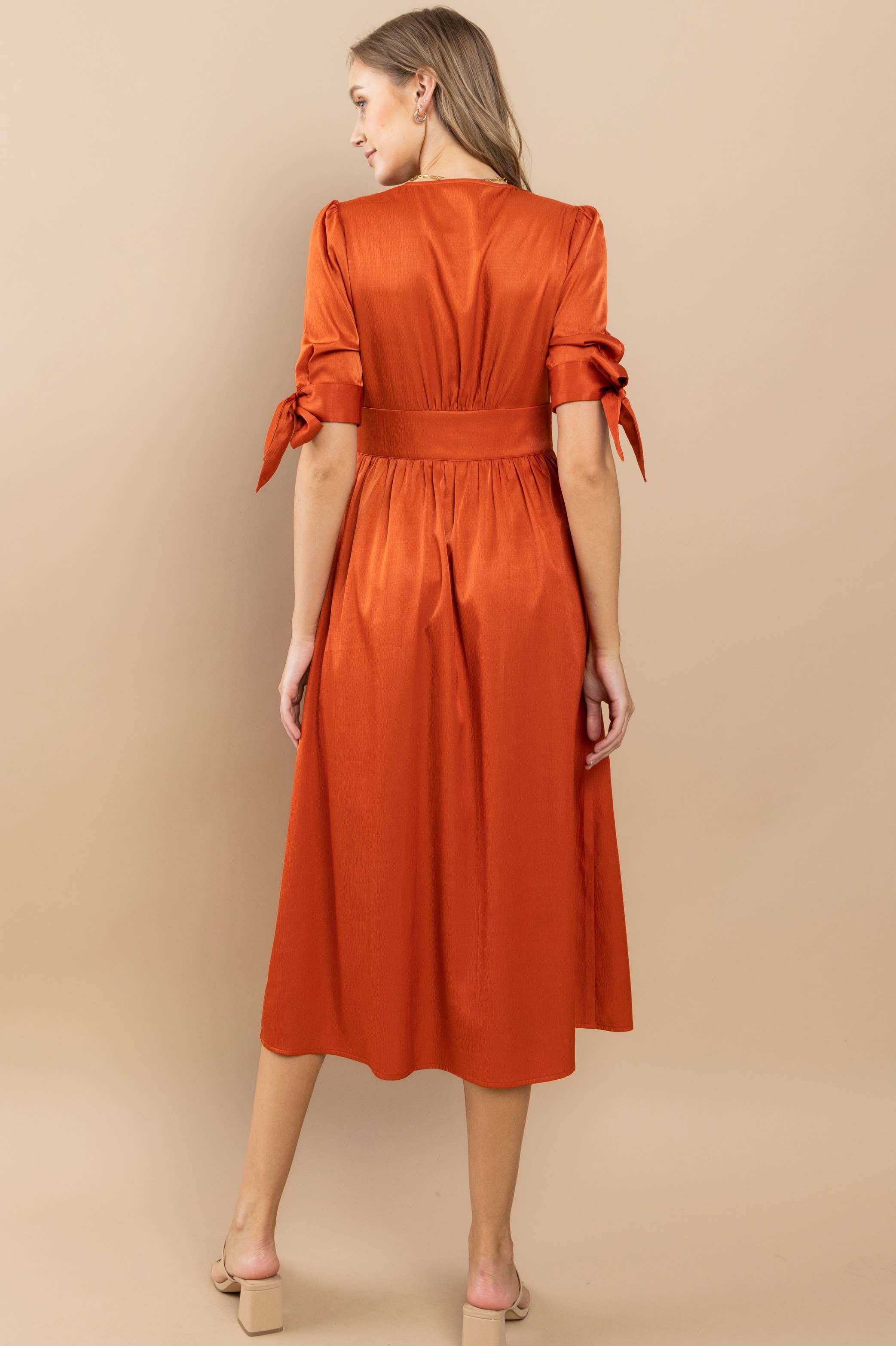 Button-Front Midi Dress with Tie Sleeves