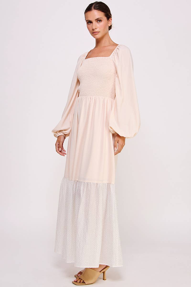 Blush Smocked Long Sleeve Maxi Dress with Shimmer Hem