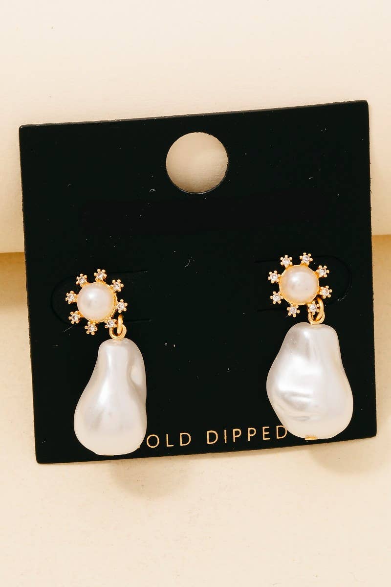 Gold Dipped Pearl and CZ Dangle Studs