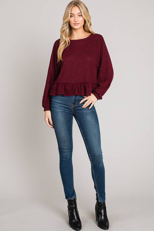 Ruffle Hem Brushed Rib Knit Long Sleeve Sweater