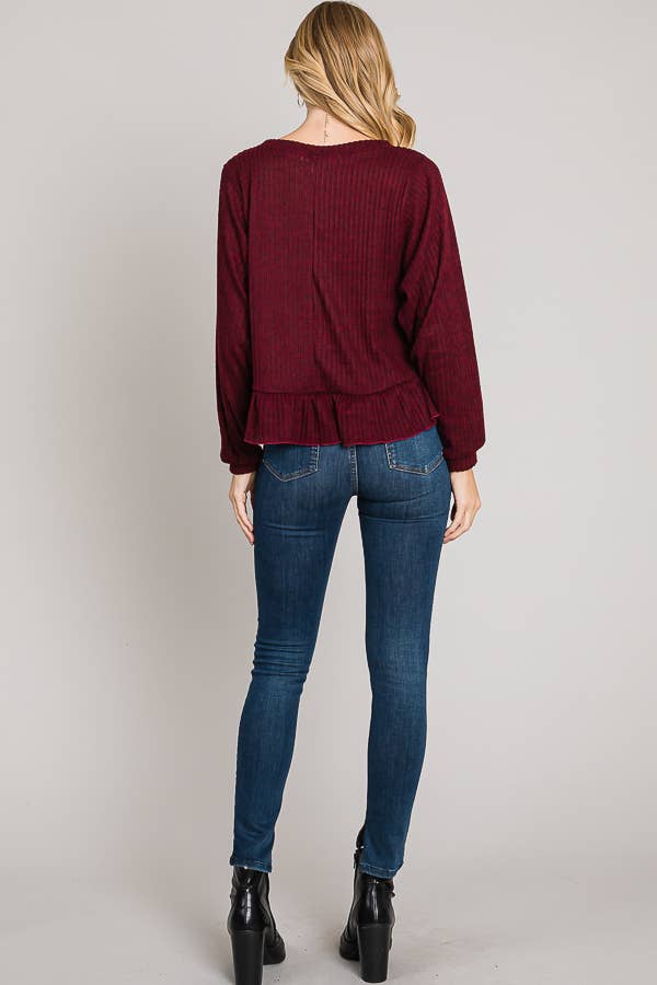Ruffle Hem Brushed Rib Knit Long Sleeve Sweater