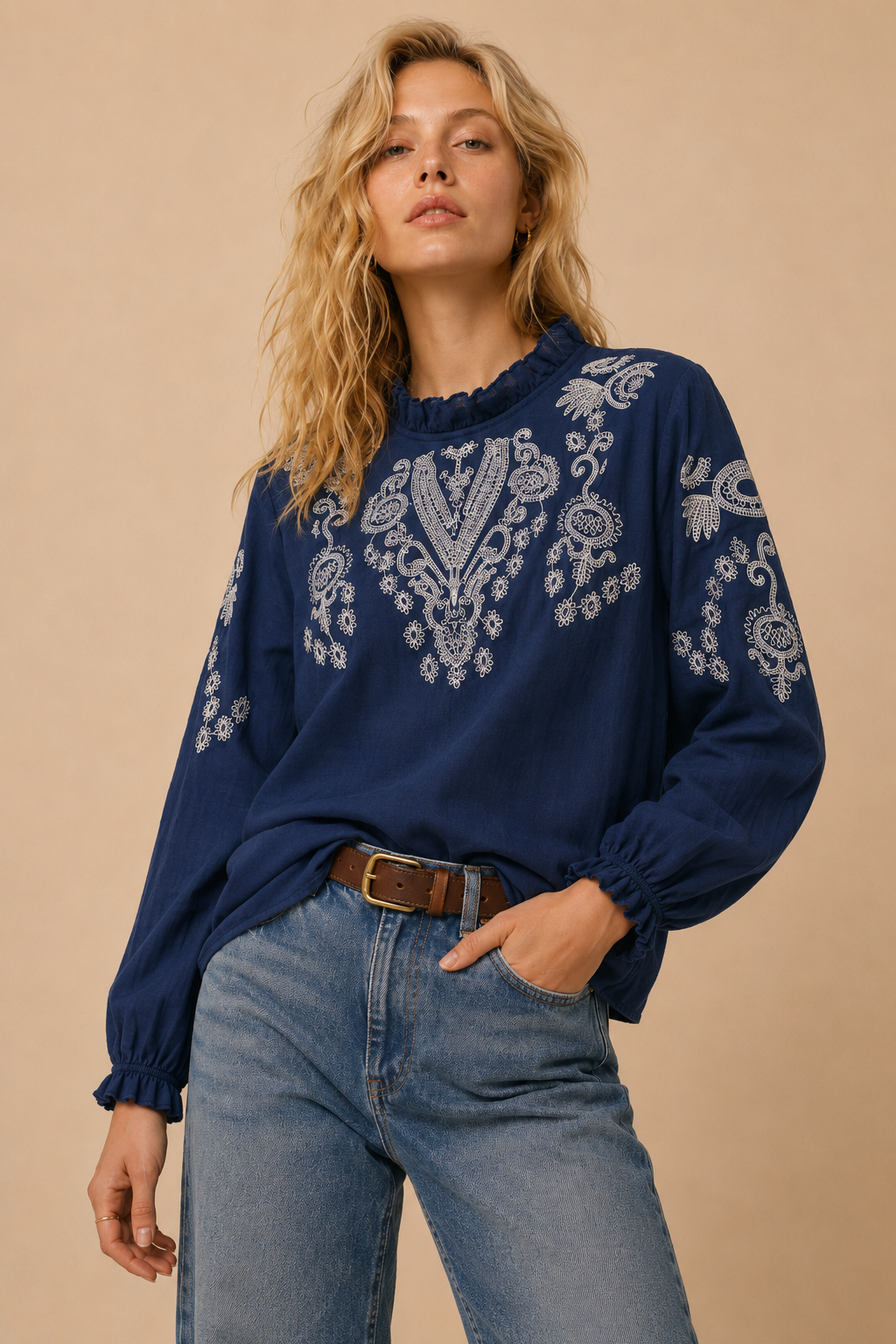 Navy Embroidered Long-Sleeve Boho Blouse