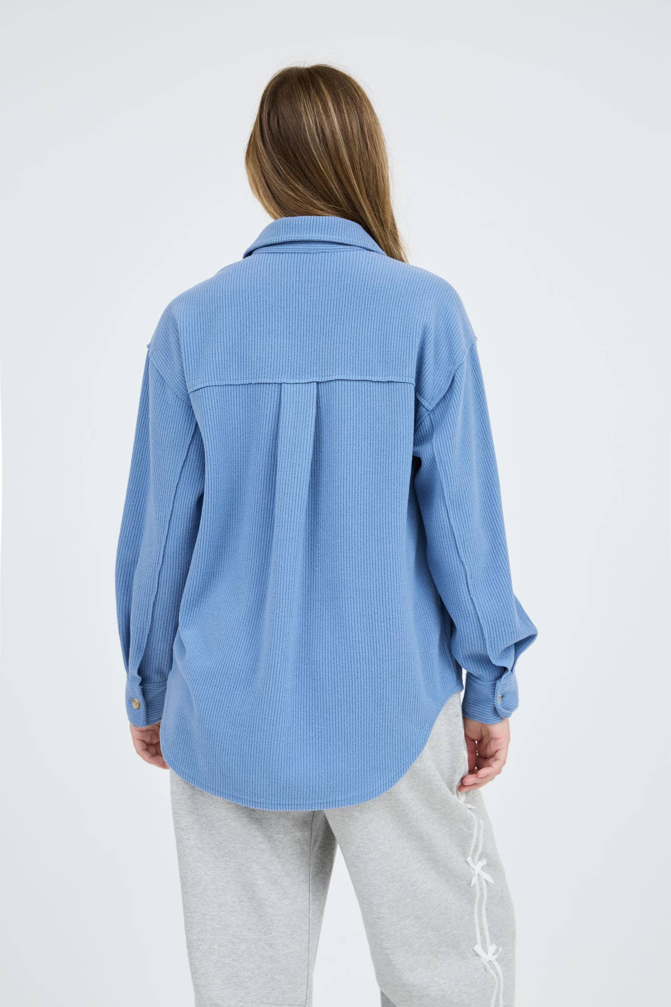 Blu Pepper Rib Knit Button-Up Top with Exposed Seams