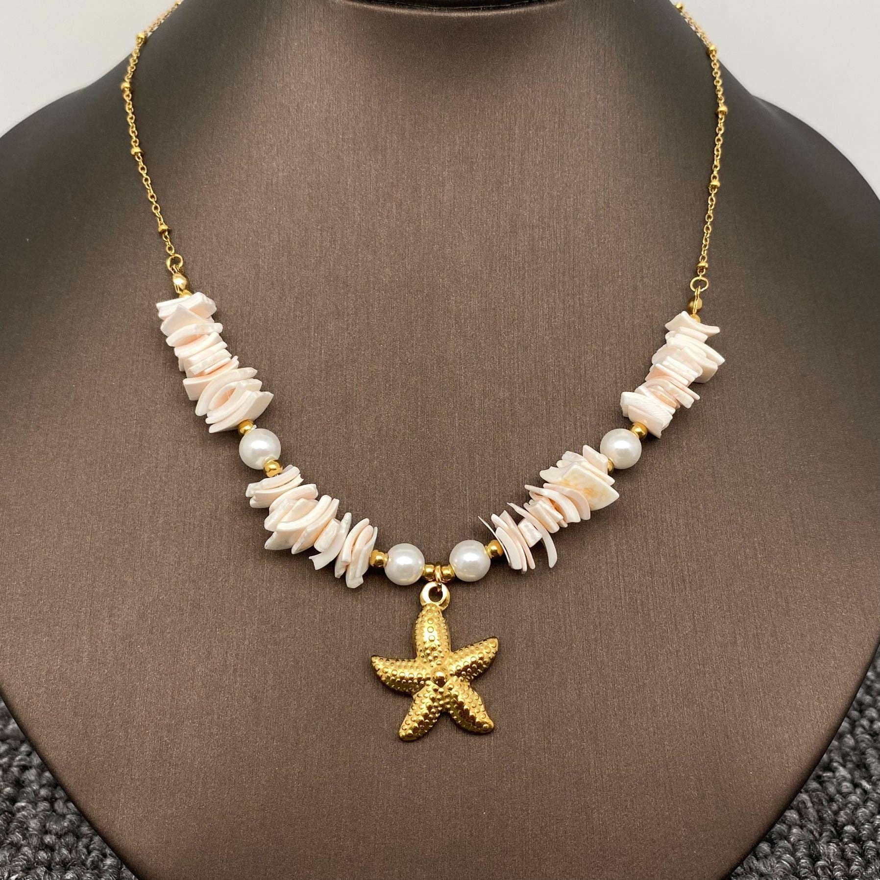 Starfish Charm Pearl Shell 18K Gold Necklace