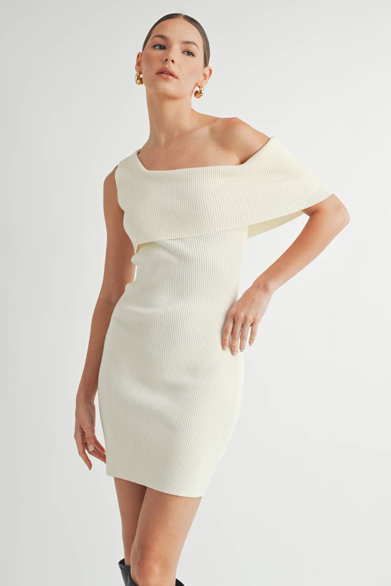 One Shoulder Ribbed Sweater Dress