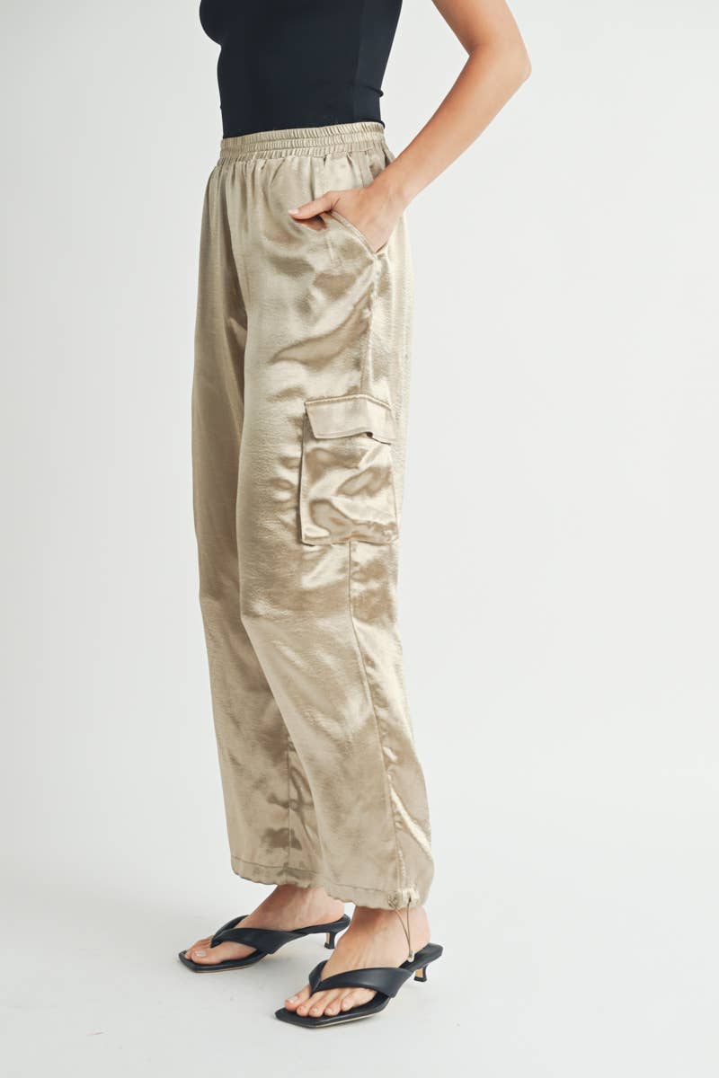 Satin Cargo Pants with Adjustable Drawstring Hem