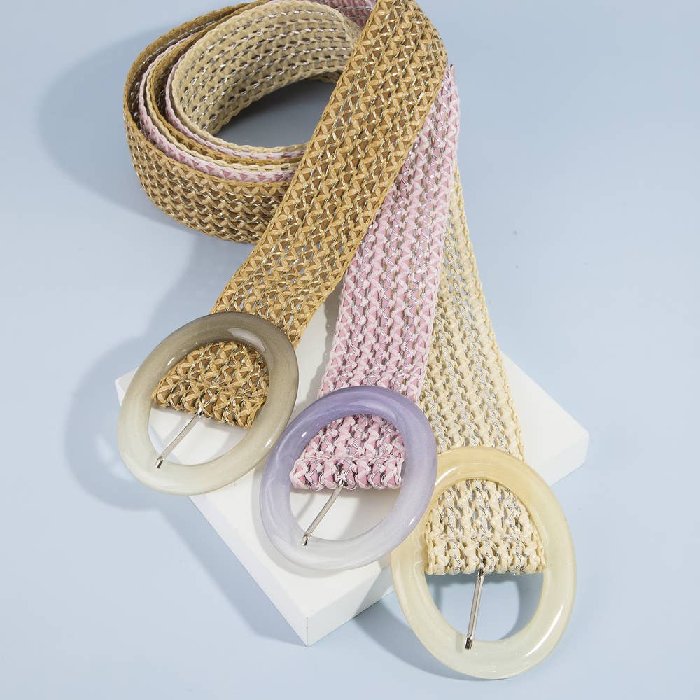 Wide Woven Straw Belt with Resin Buckle