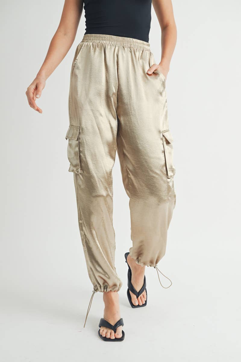 Satin Cargo Pants with Adjustable Drawstring Hem