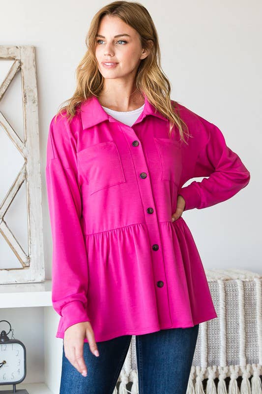 Heimish Button Down Shacket with Shirring