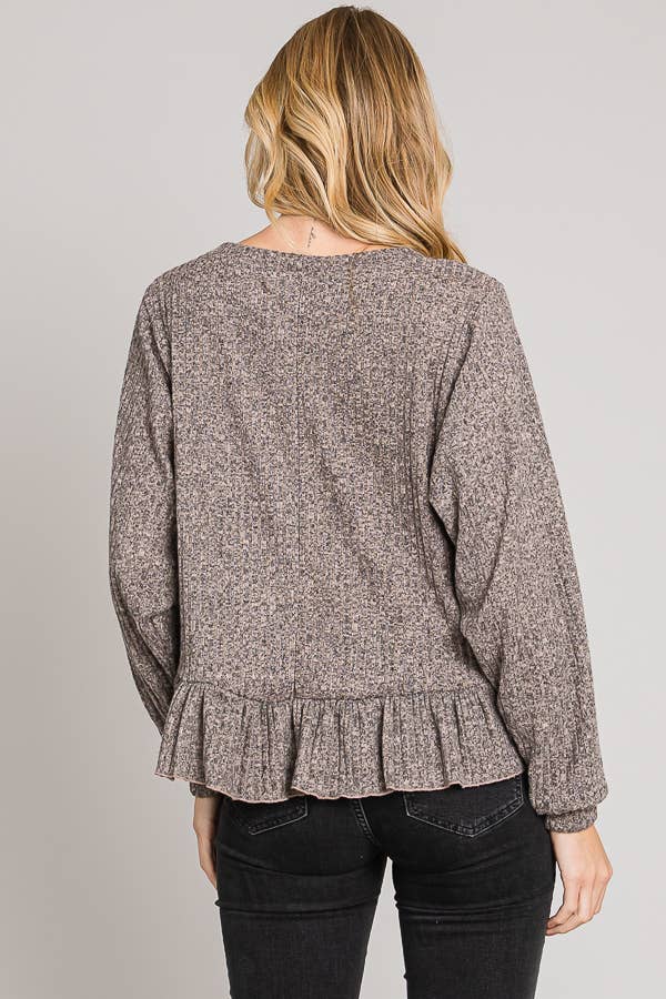 Ruffle Hem Brushed Rib Knit Long Sleeve Sweater
