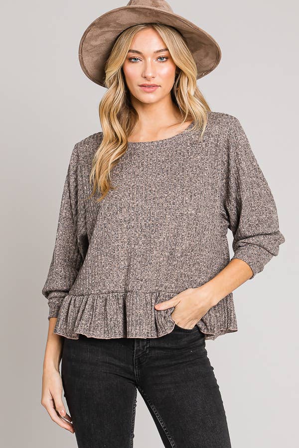 Ruffle Hem Brushed Rib Knit Long Sleeve Sweater