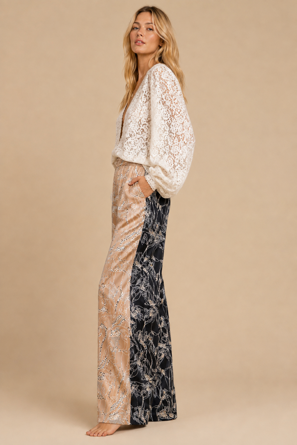 Two-Tone Abstract Floral Wide-Leg Trousers