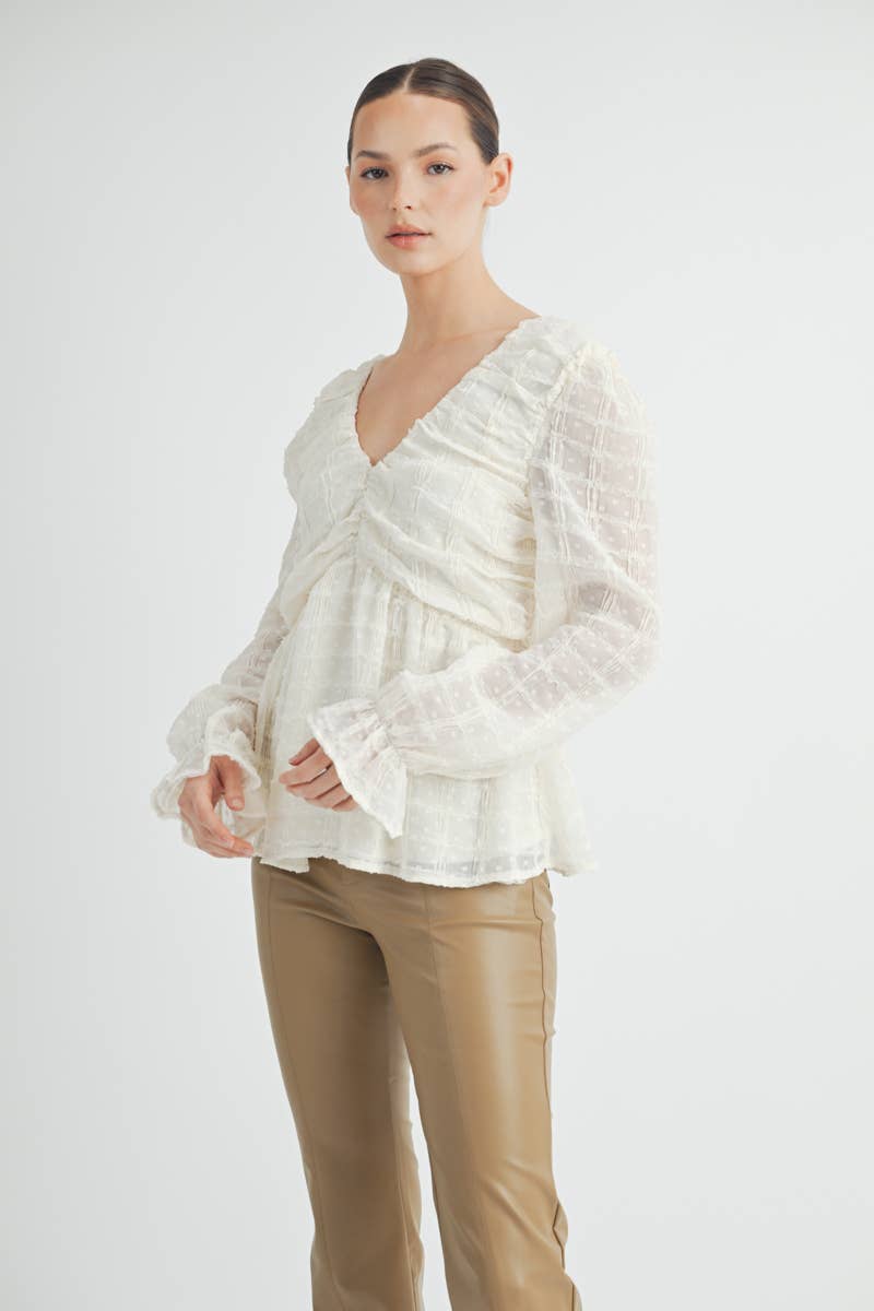 Sheer Textured V-Neck Blouse with Back Ribbon Bow