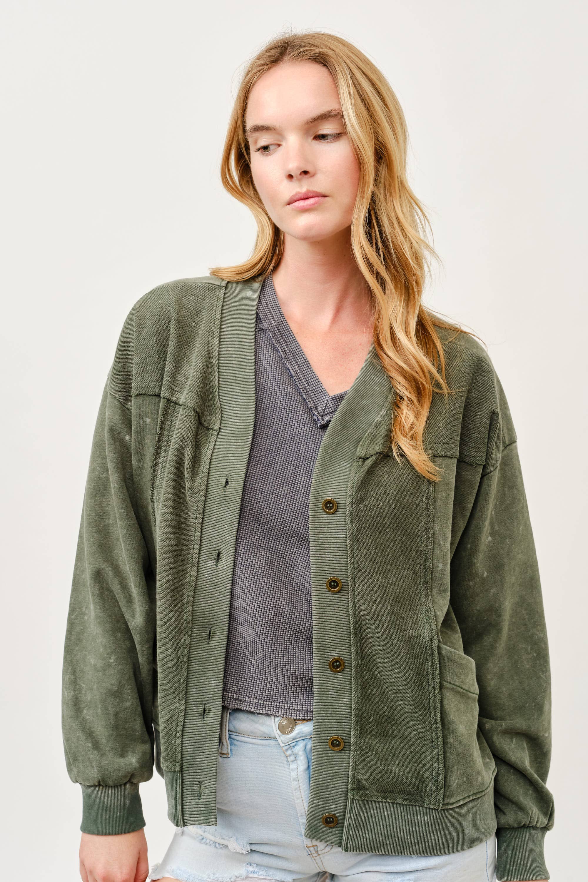 Washed Button-Front Cardigan Jacket with Pockets