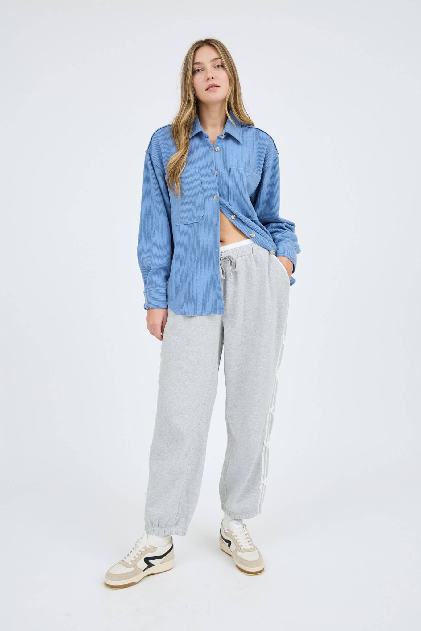 Blu Pepper Rib Knit Button-Up Top with Exposed Seams