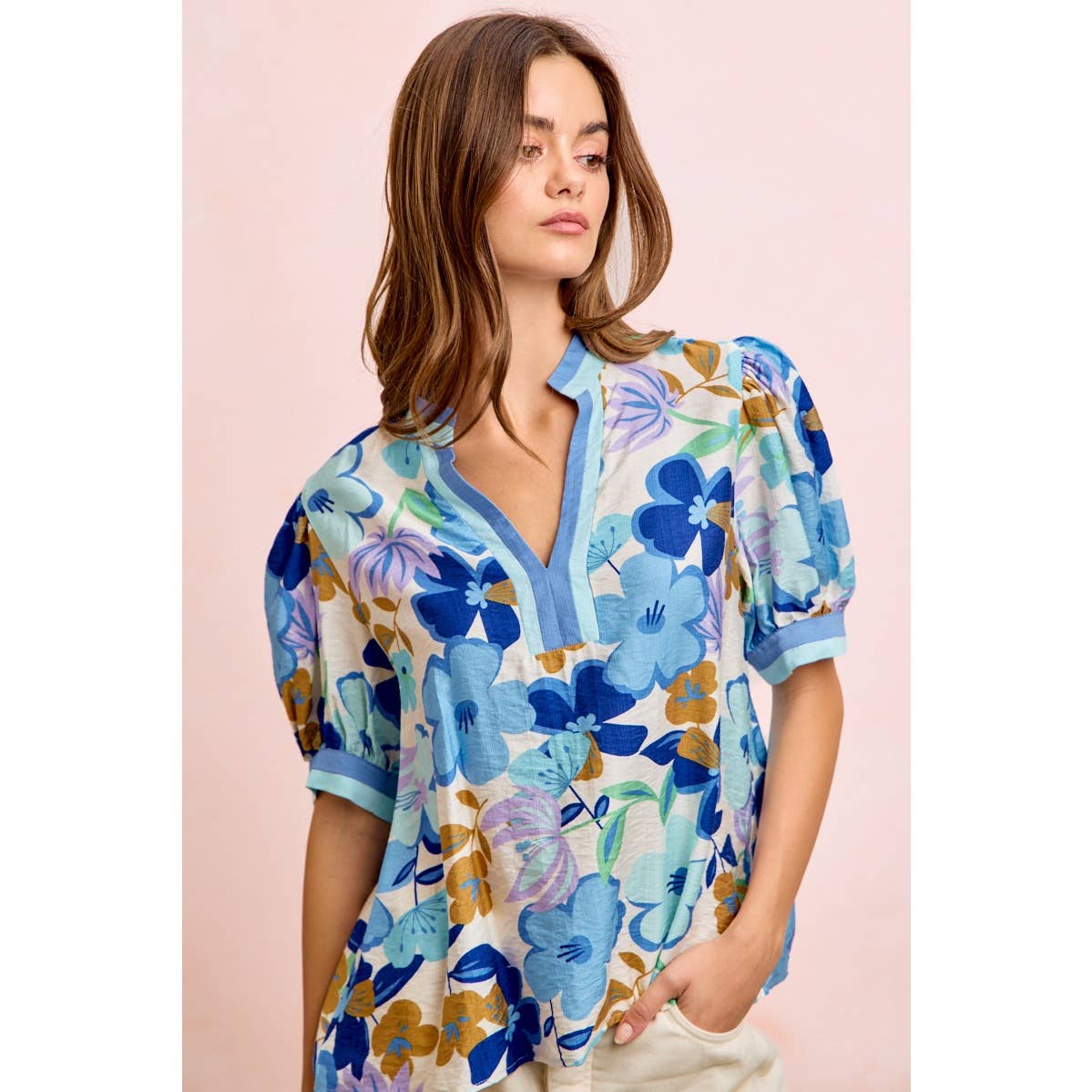 Bibi Woven Puff Sleeve Blouse with Contrast Trim