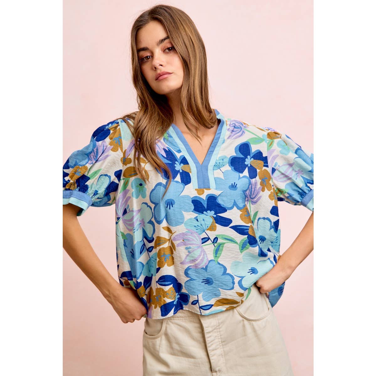 Bibi Woven Puff Sleeve Blouse with Contrast Trim