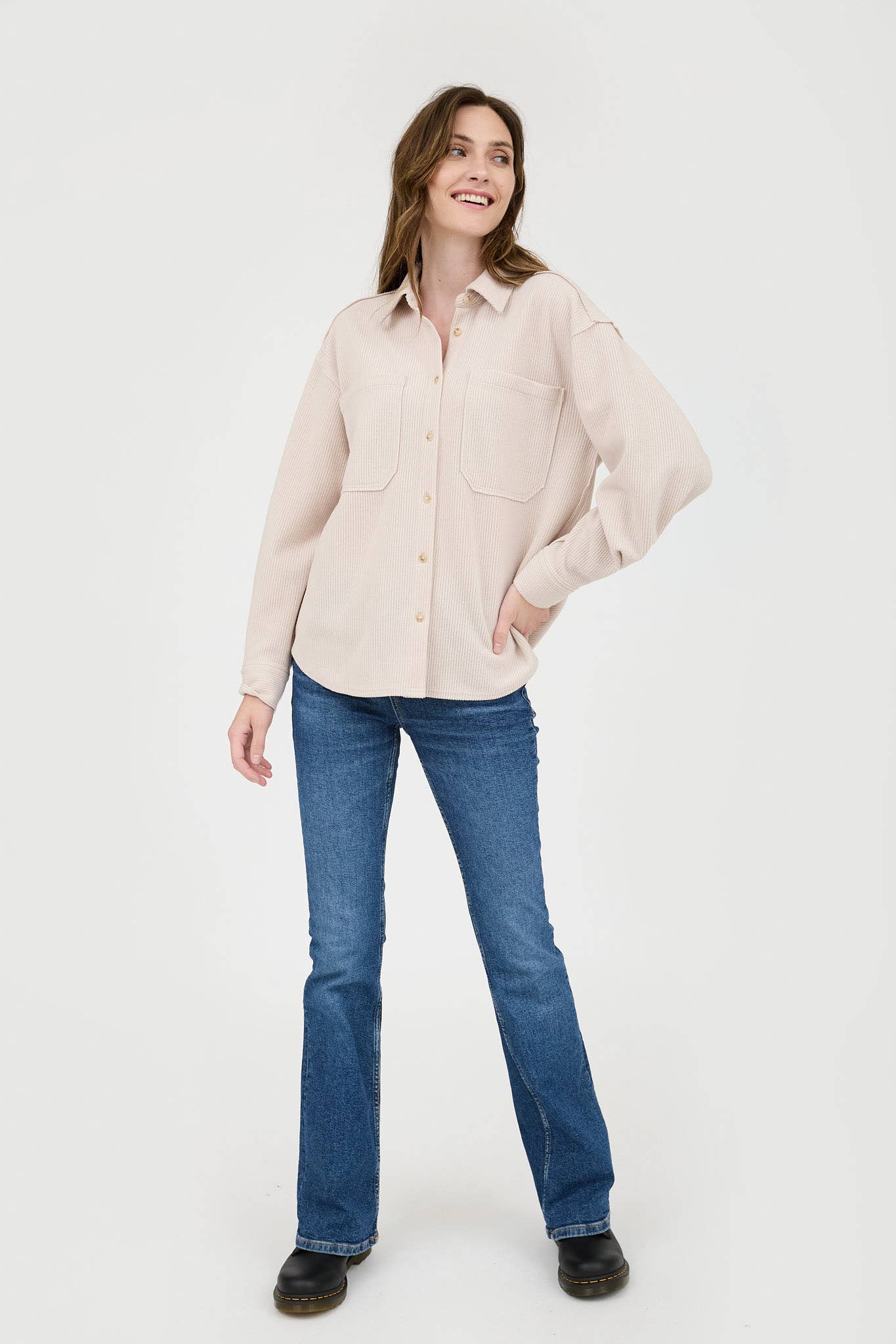 Blu Pepper Rib Knit Button-Up Top with Exposed Seams