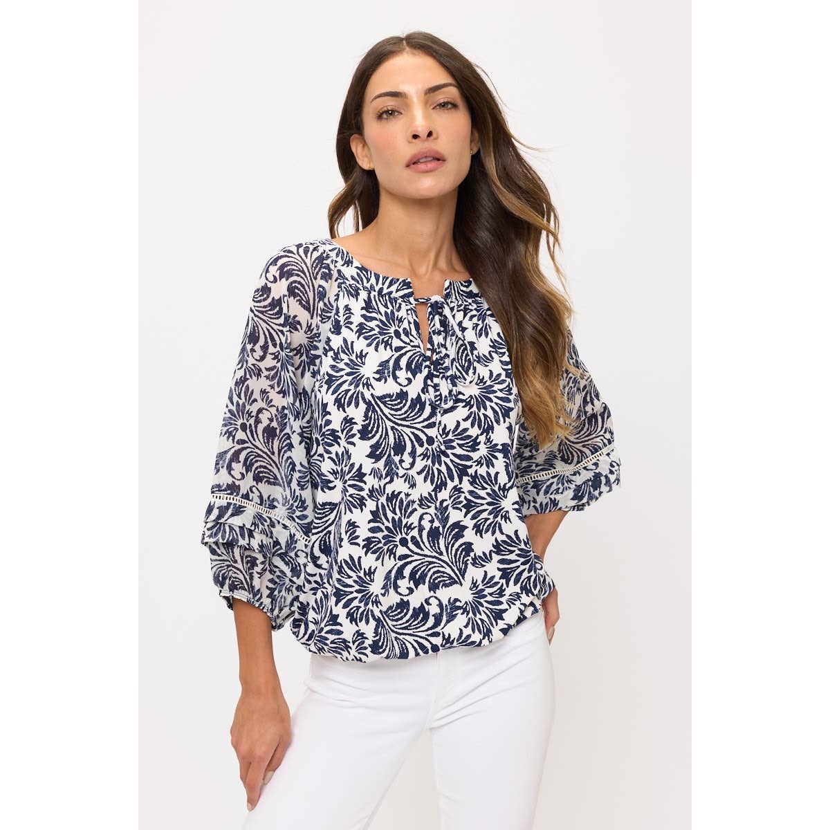 Mix Media Lattice Detail Bubble Hem Top
