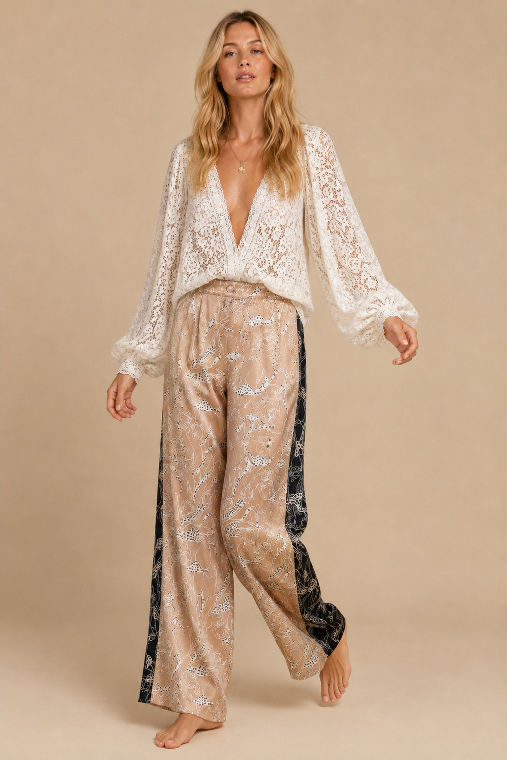 Two-Tone Abstract Floral Wide-Leg Trousers