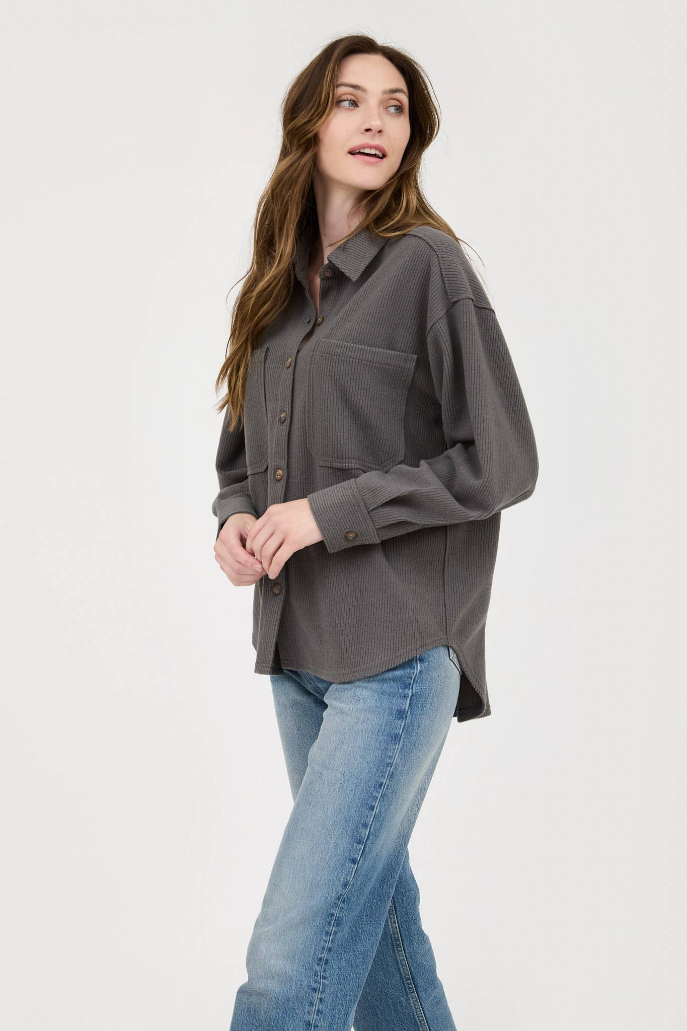Blu Pepper Rib Knit Button-Up Top with Exposed Seams