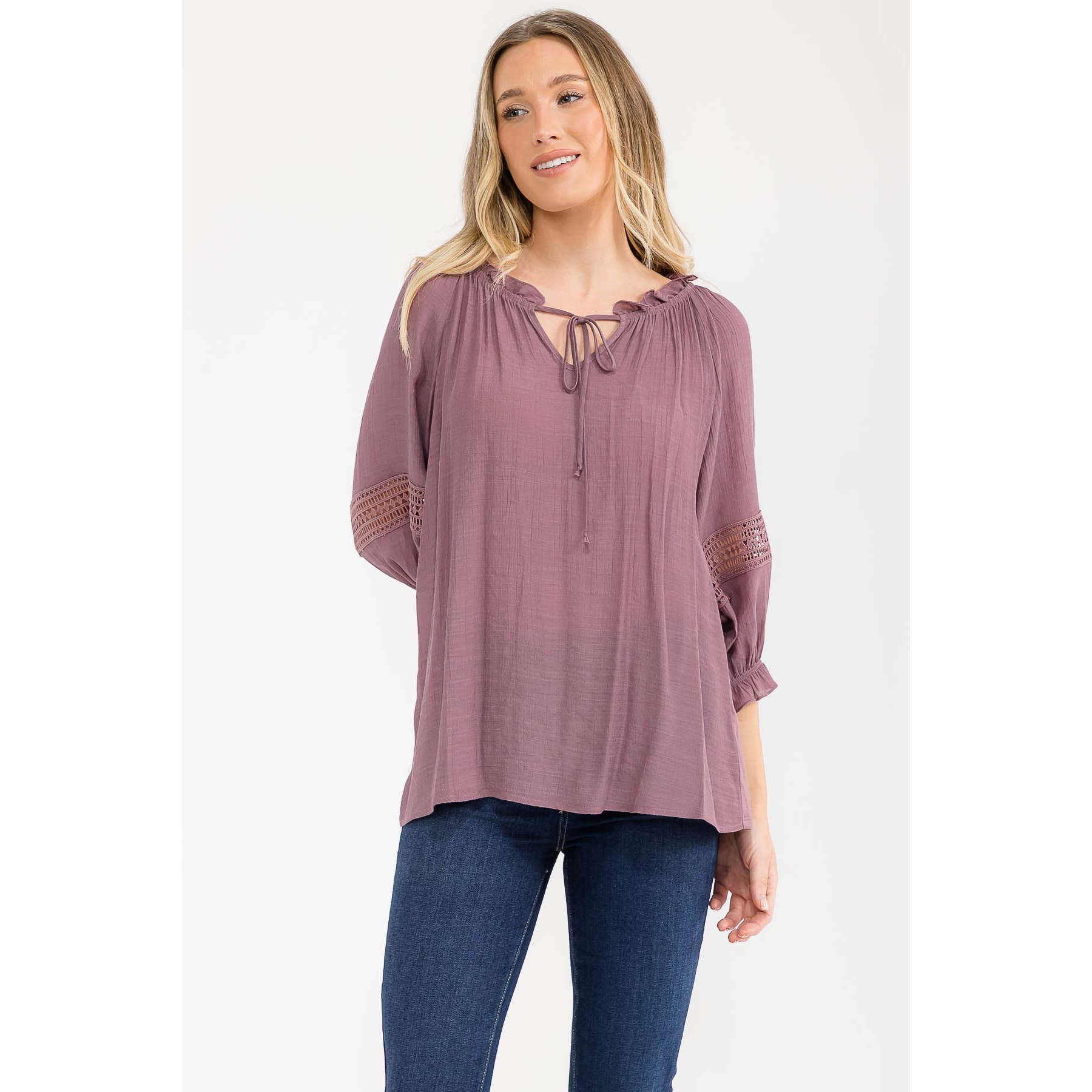 Boho Crochet-Trim Tie-Neck Peasant Top
