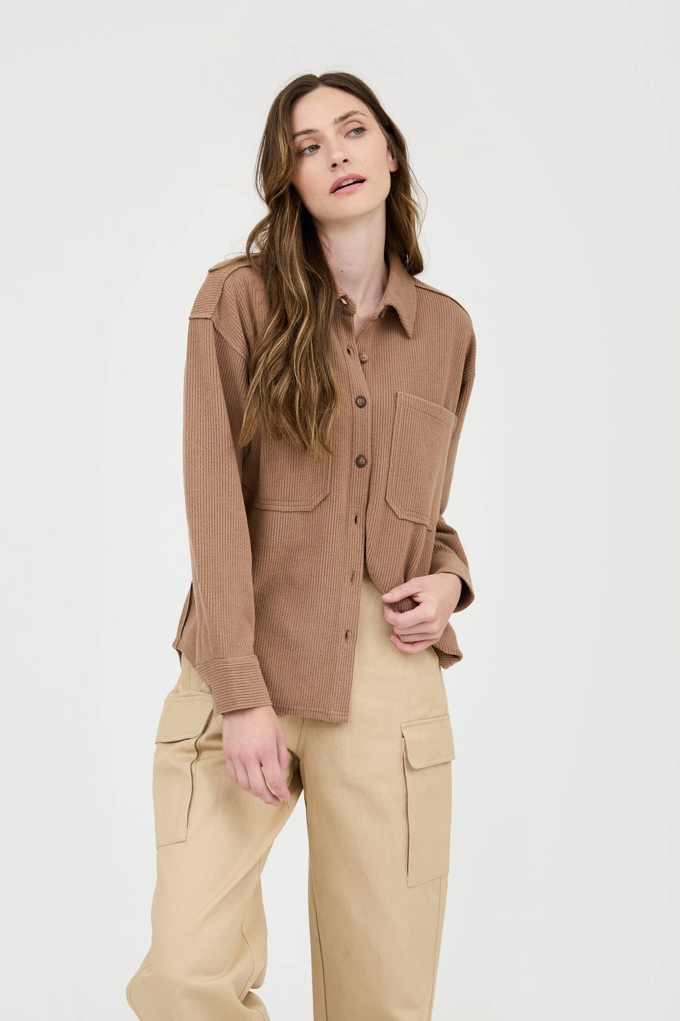 Blu Pepper Rib Knit Button-Up Top with Exposed Seams