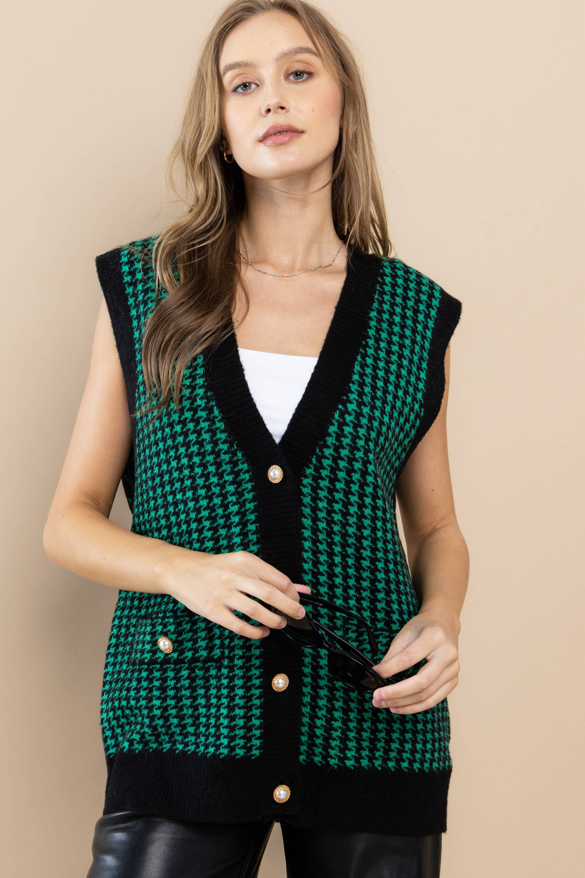 Button Front Sweater Vest with Houndstooth Pattern