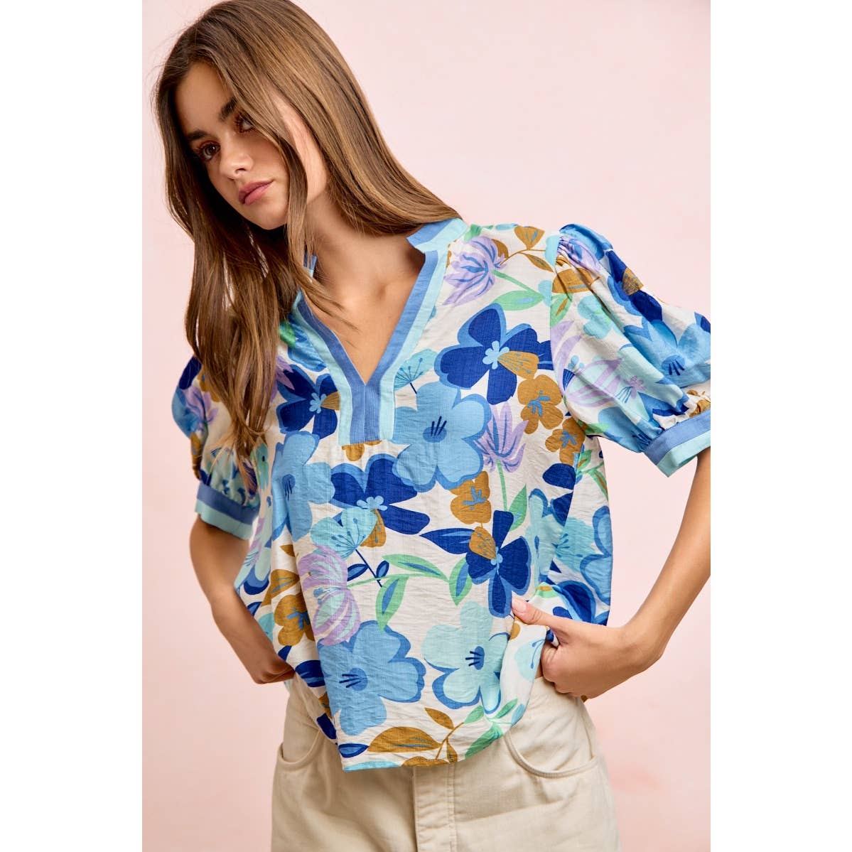 Bibi Woven Puff Sleeve Blouse with Contrast Trim