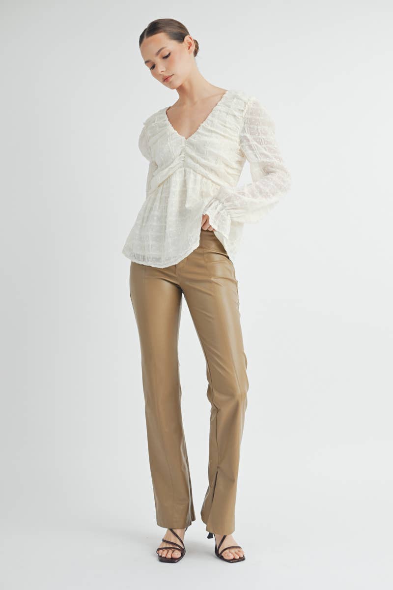Sheer Textured V-Neck Blouse with Back Ribbon Bow