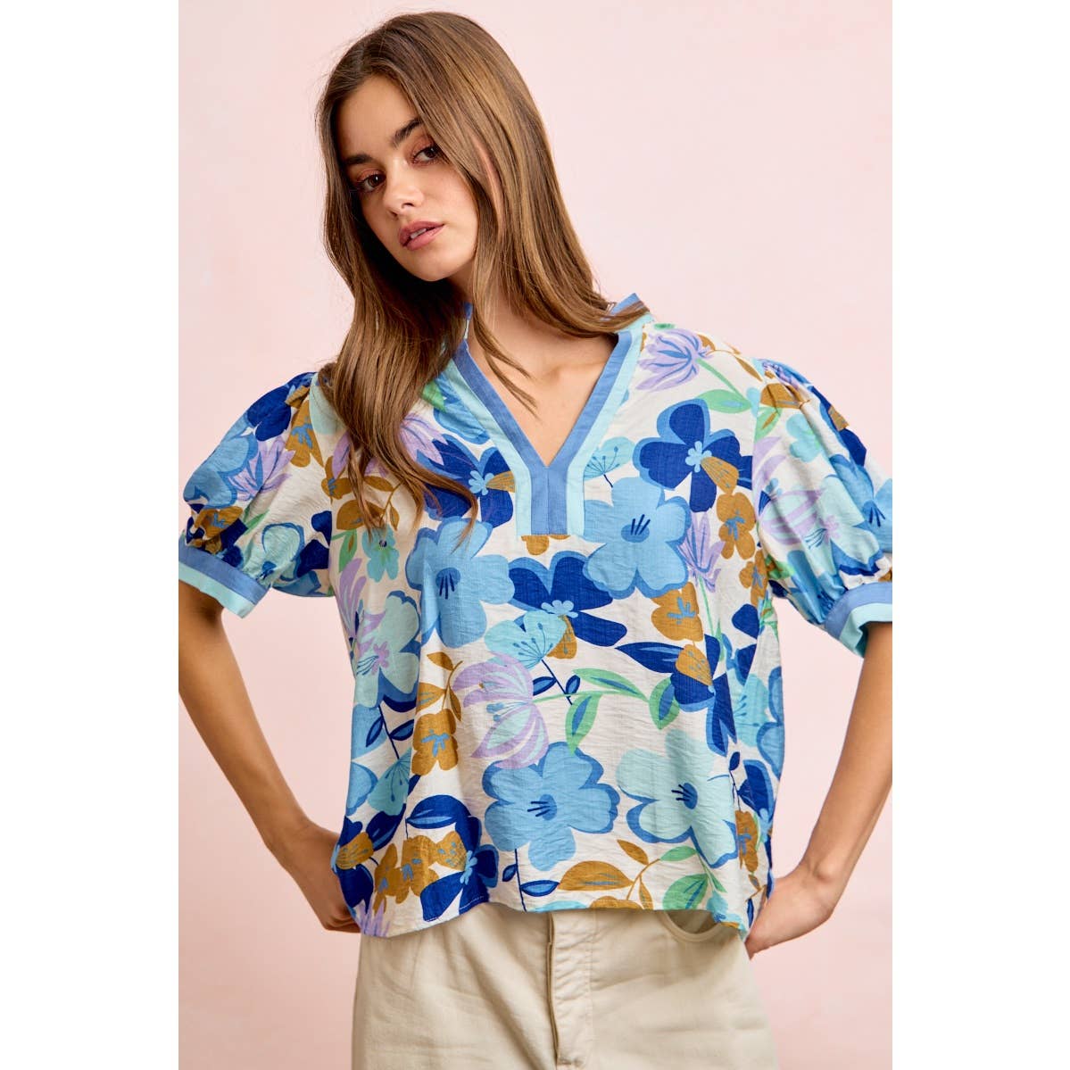 Bibi Woven Puff Sleeve Blouse with Contrast Trim