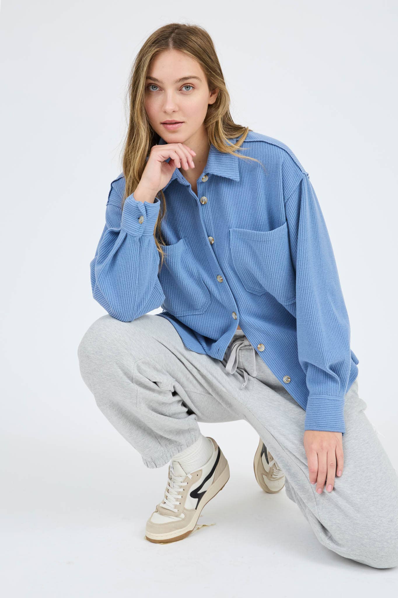 Blu Pepper Rib Knit Button-Up Top with Exposed Seams