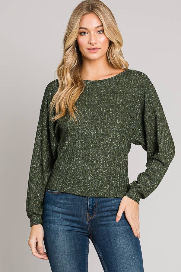 Boxy Long Sleeve Shimmer Lurex Rib Knit Crop Sweater