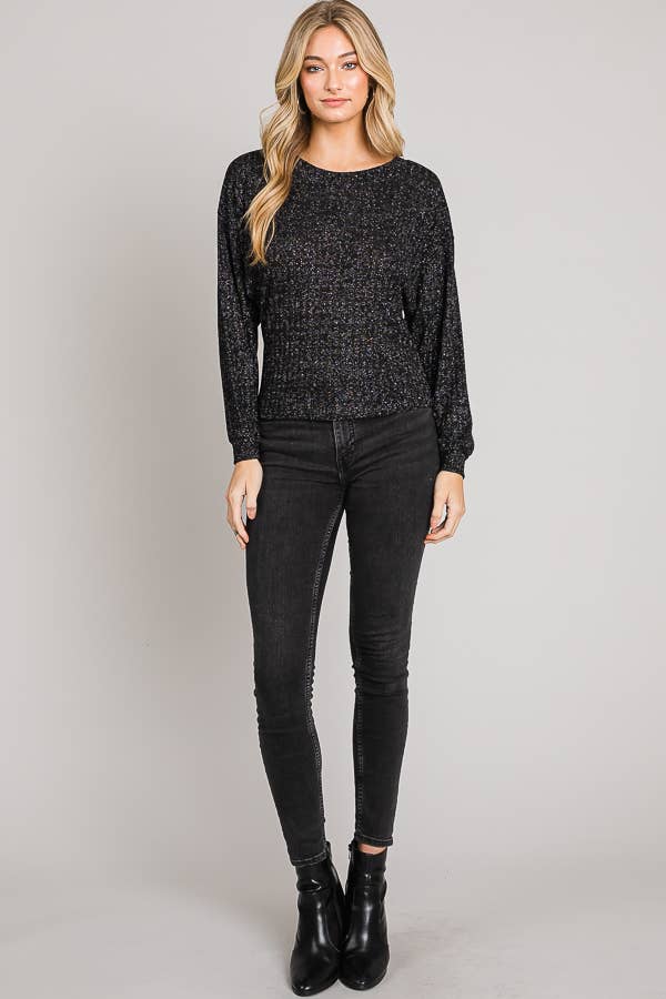 Boxy Long Sleeve Shimmer Lurex Rib Knit Crop Sweater