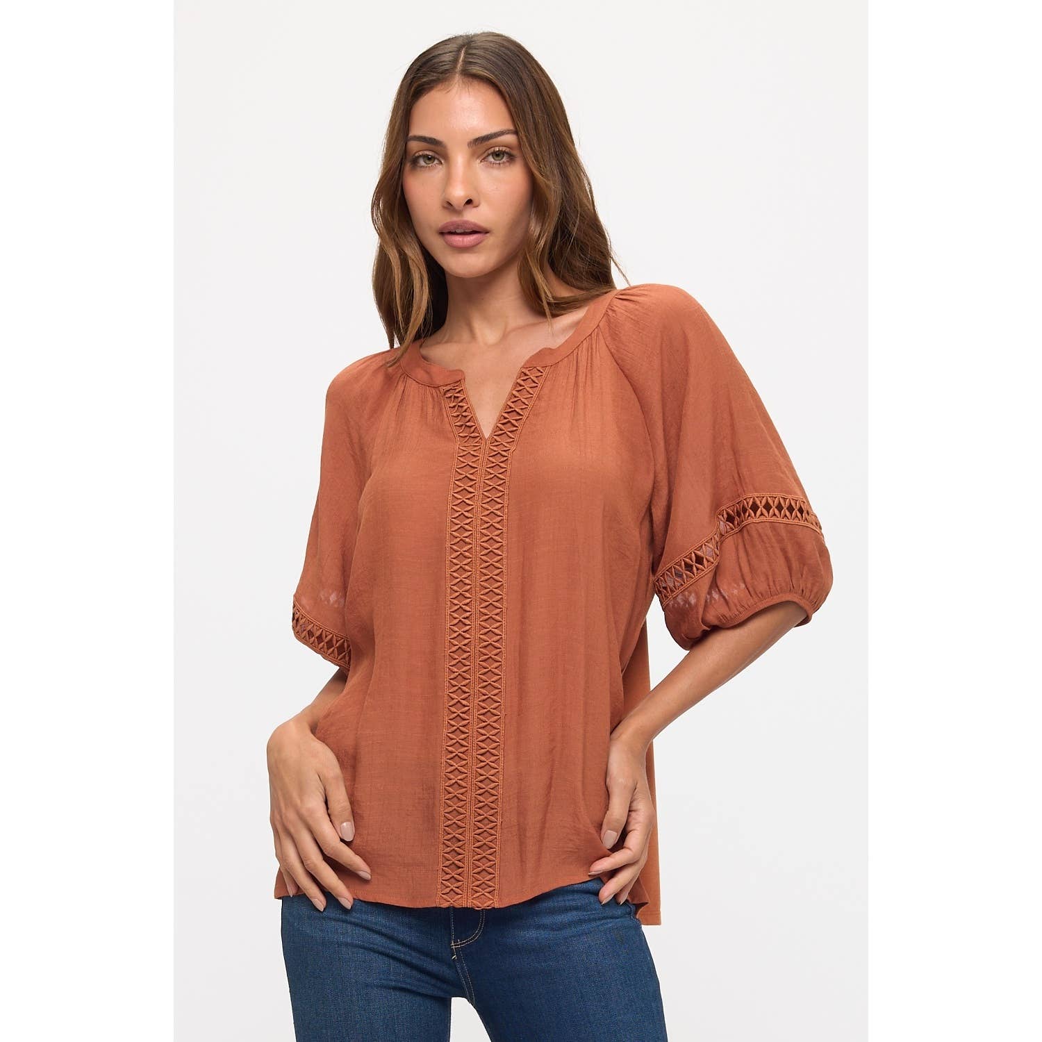 Mandarine Split Neck Peasant Top