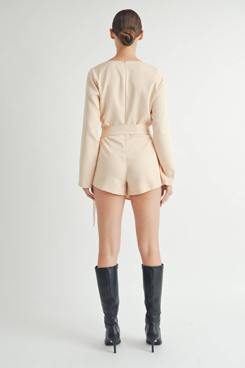 Belted Wrap-Front Sleeve Romper