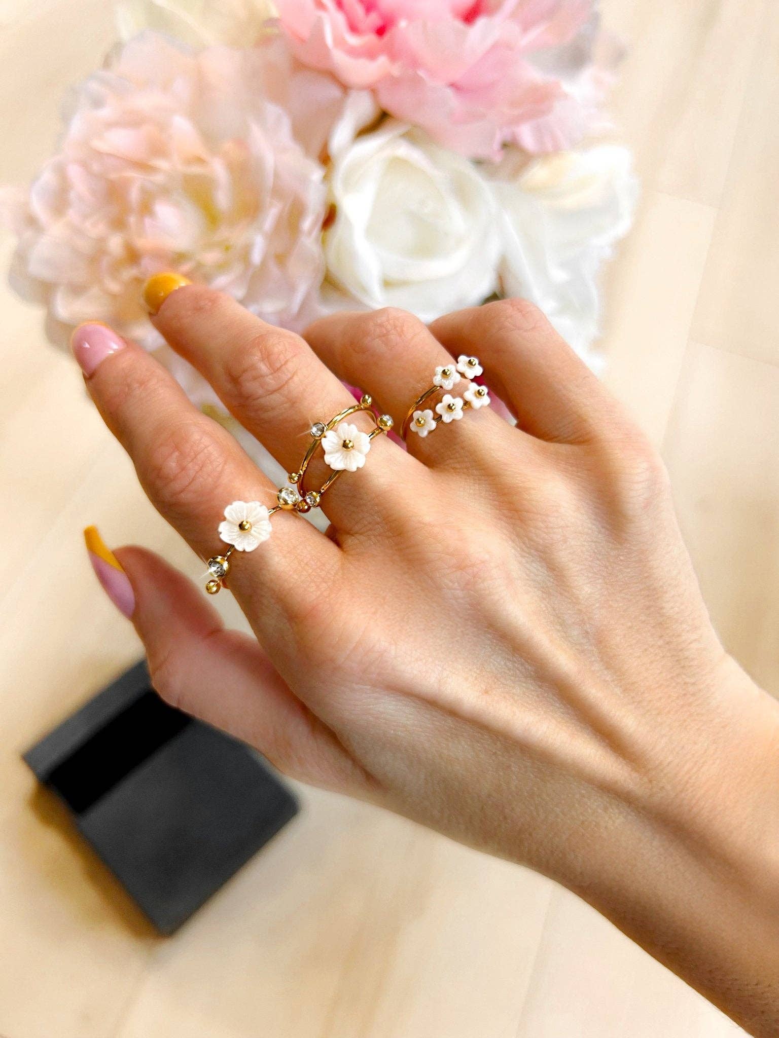 Daisy & Diamond Stainless Steel Ring Set