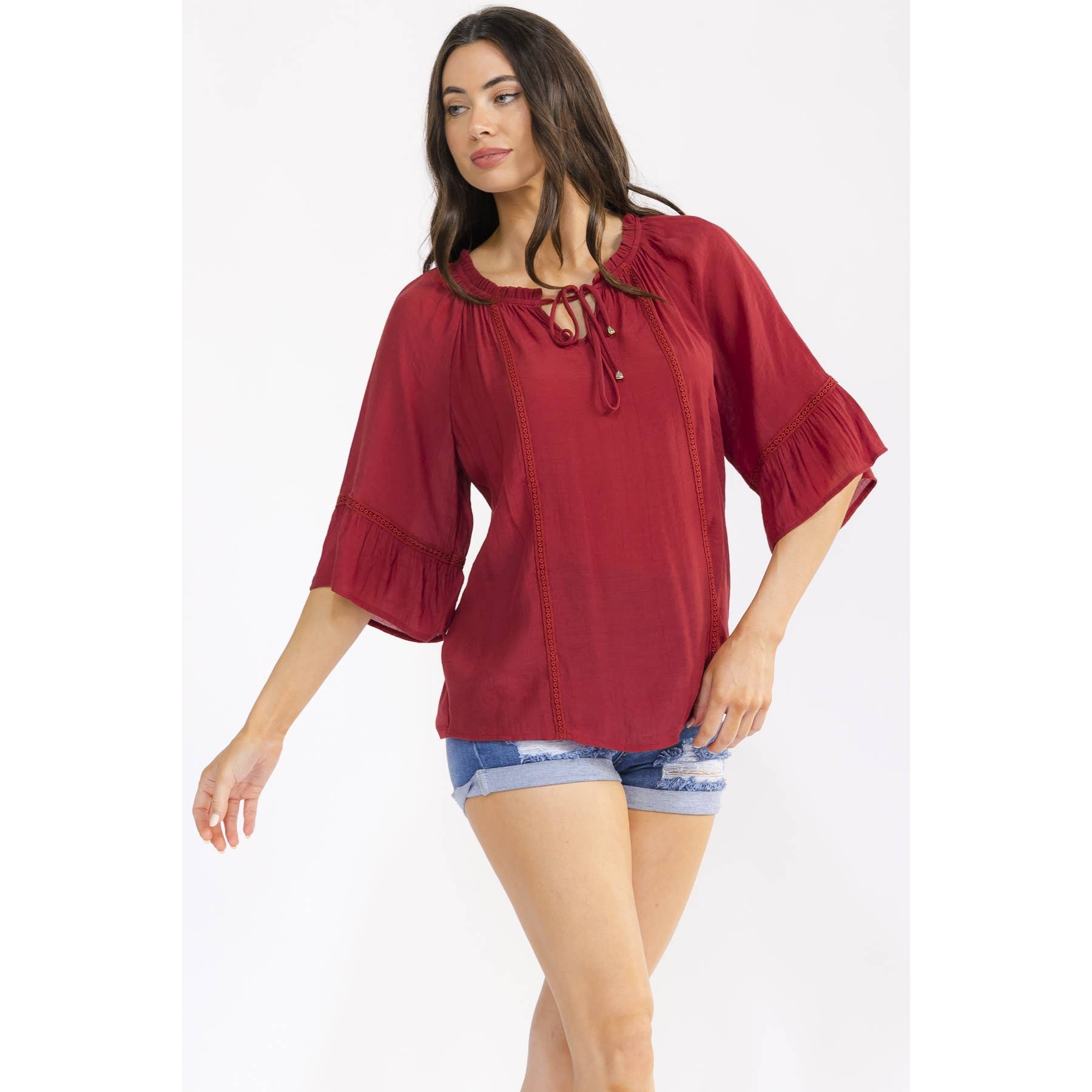 Crochet-Trim Bell-Sleeve Peasant Top
