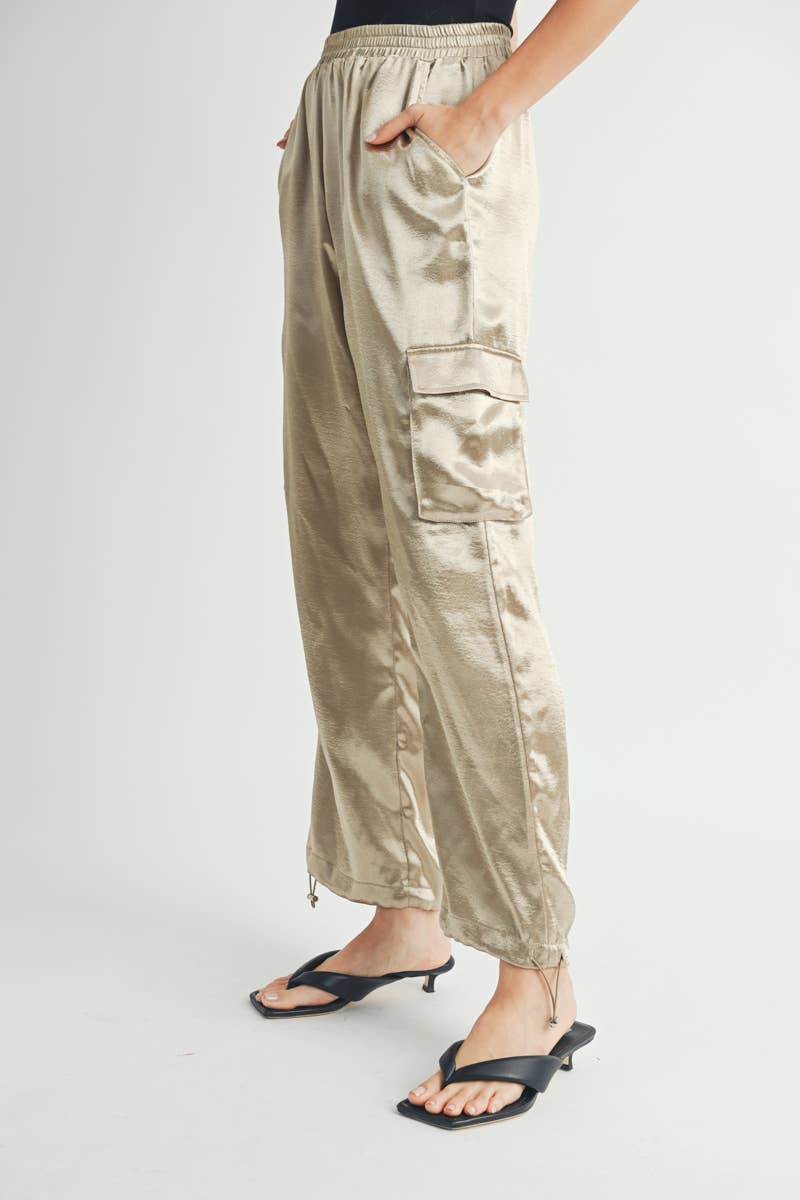 Satin Cargo Pants with Adjustable Drawstring Hem