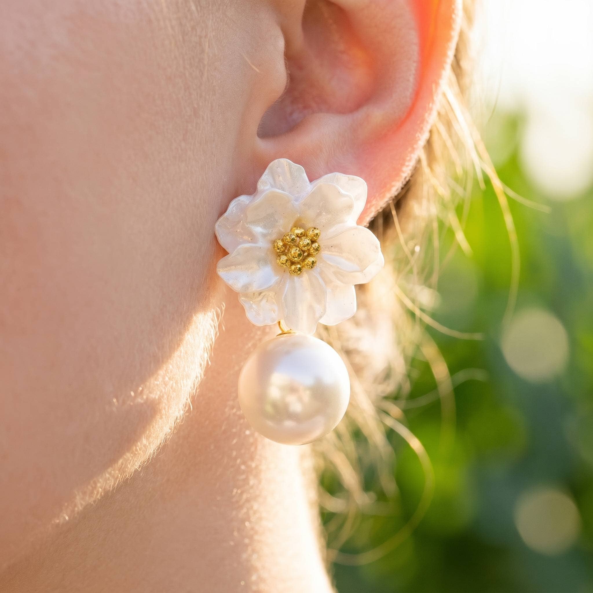 Flower and Pearl Dangle Statement Earrings