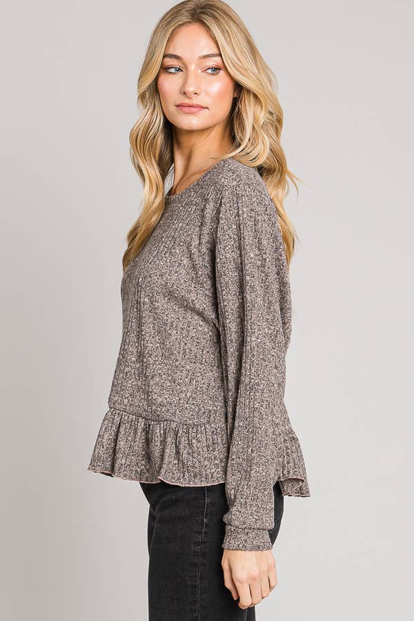 Ruffle Hem Brushed Rib Knit Long Sleeve Sweater