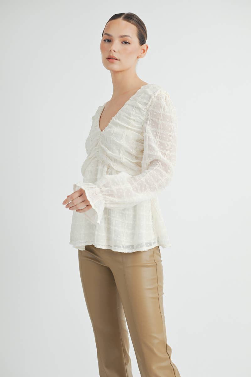 Sheer Textured V-Neck Blouse with Back Ribbon Bow