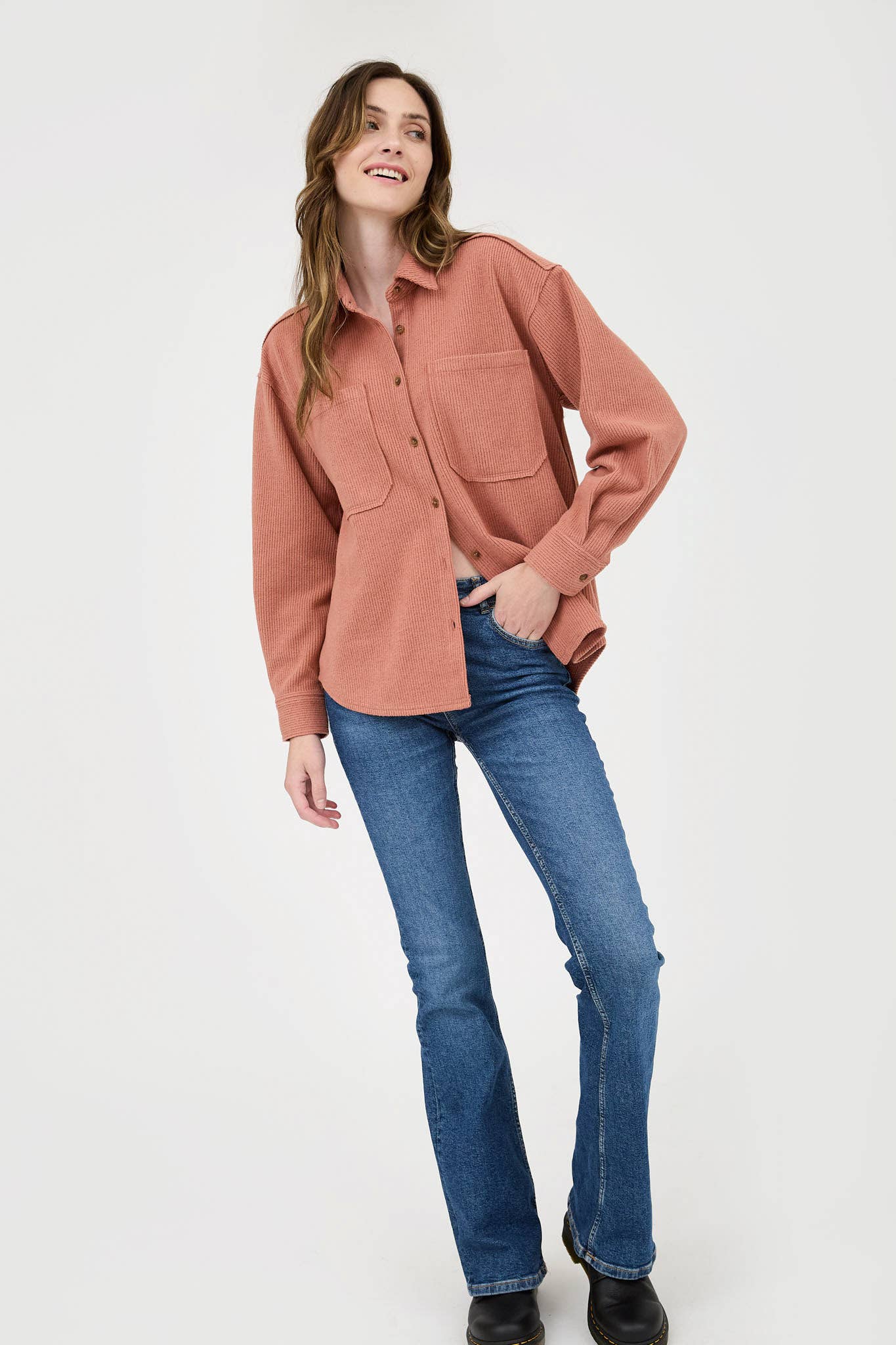 Blu Pepper Rib Knit Button-Up Top with Exposed Seams