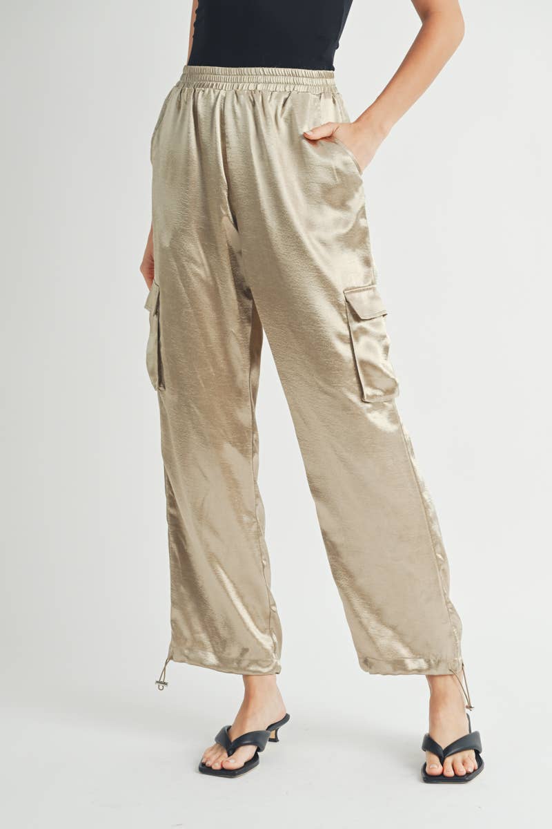 Satin Cargo Pants with Adjustable Drawstring Hem