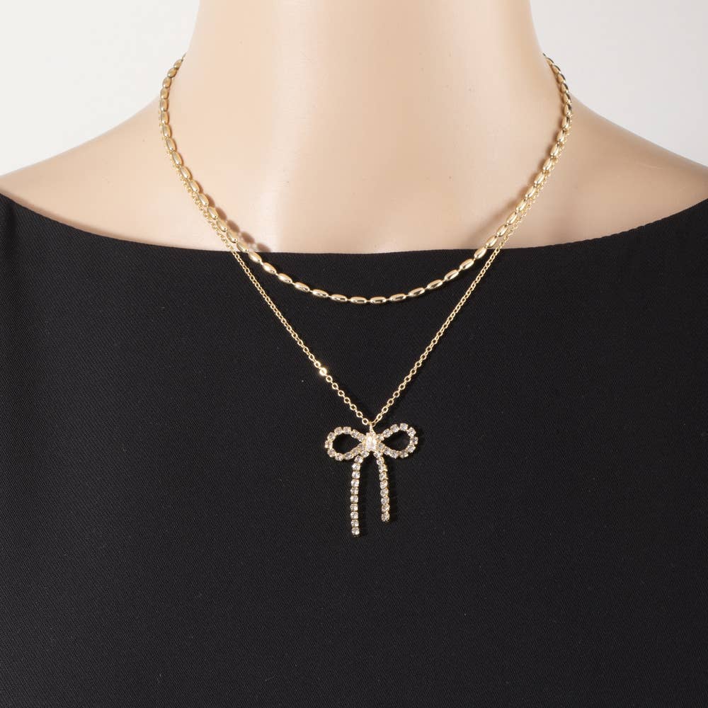 Crystal Bow Layered Style Necklace