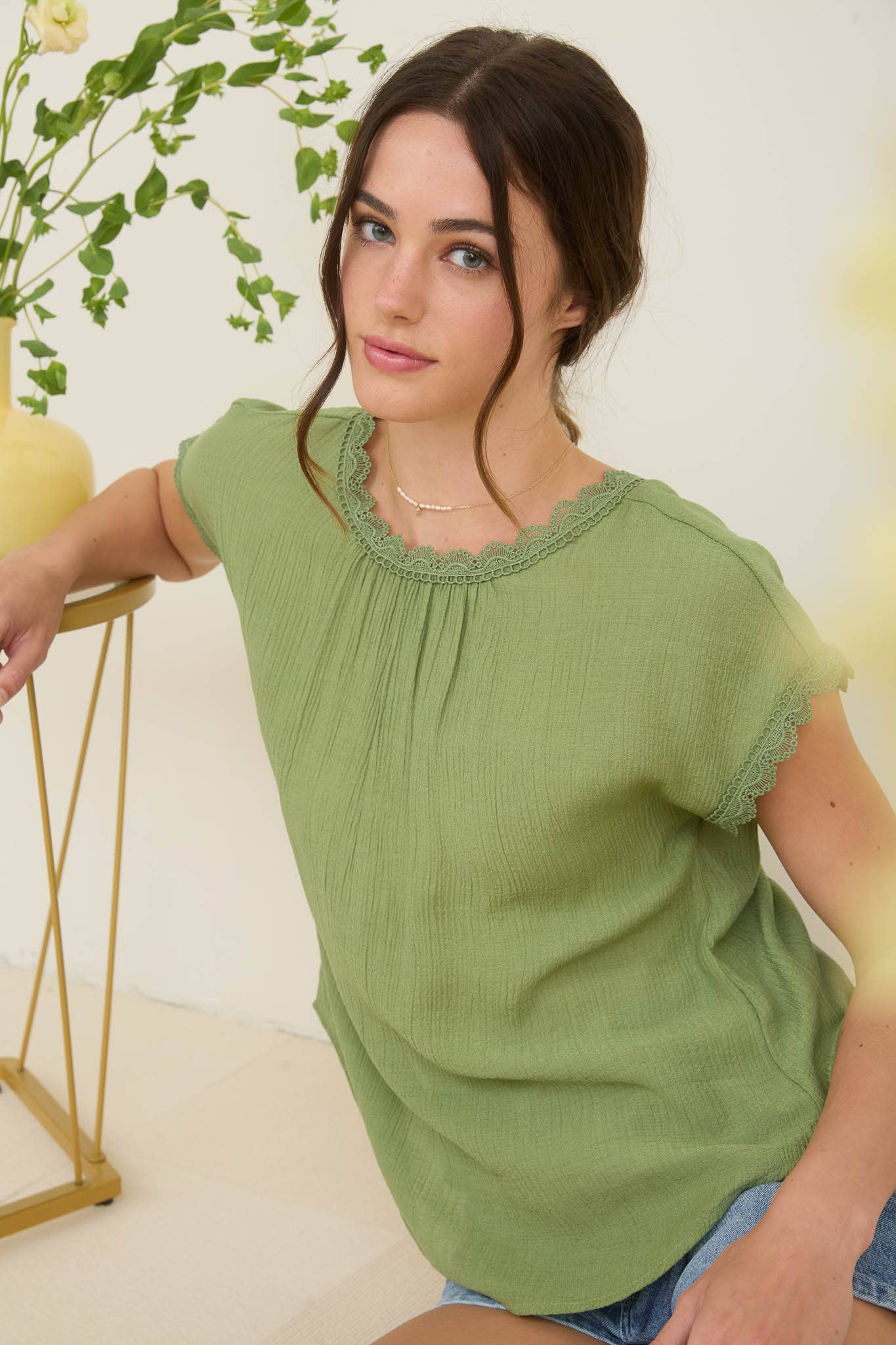 Blu Pepper Lace Trim Short Sleeve Blouse with Back Bow