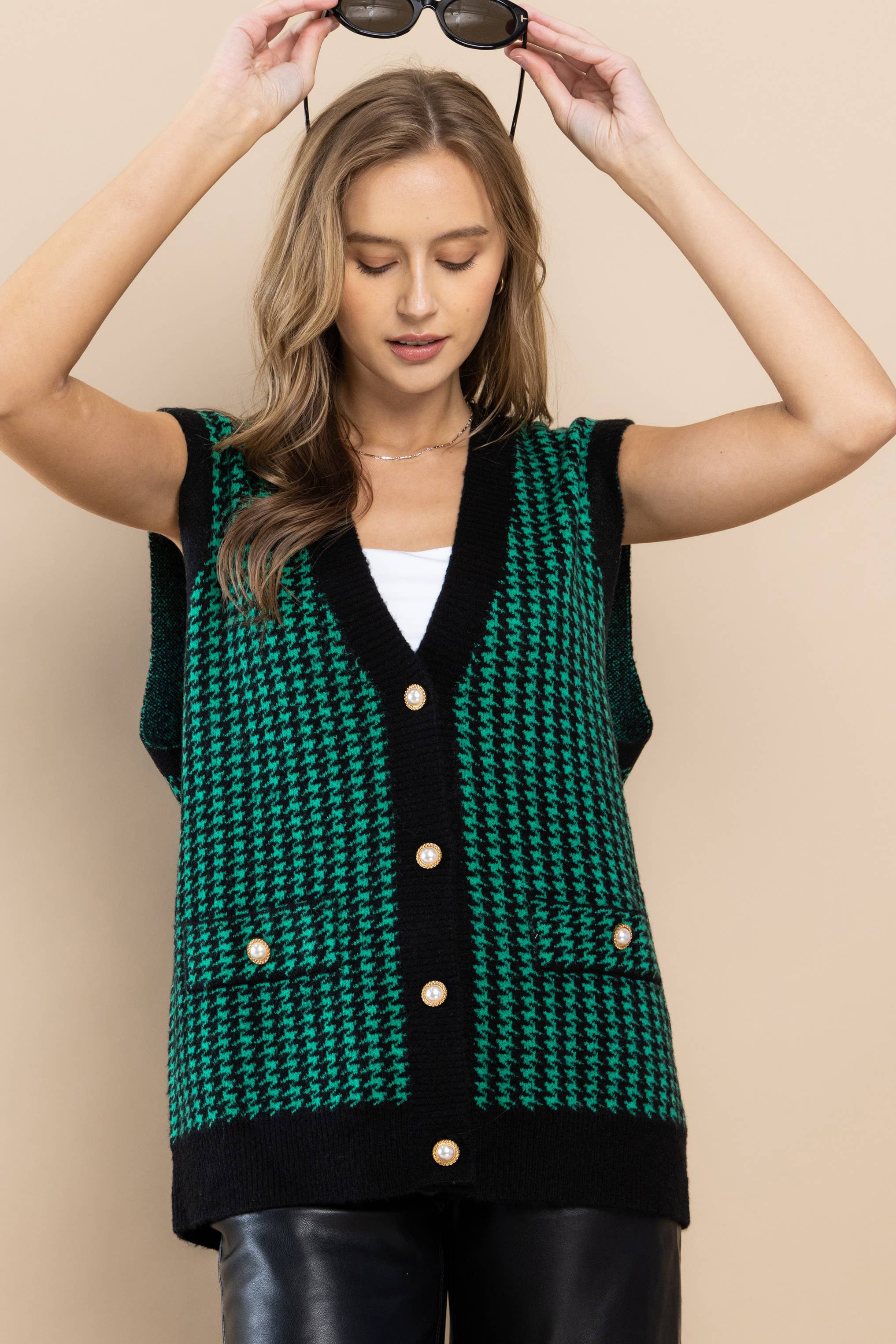 Button Front Sweater Vest with Houndstooth Pattern