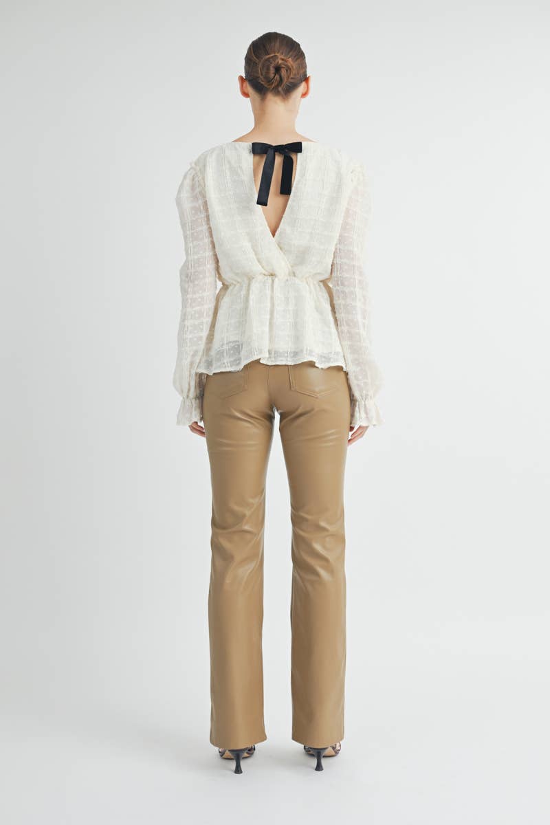 Sheer Textured V-Neck Blouse with Back Ribbon Bow