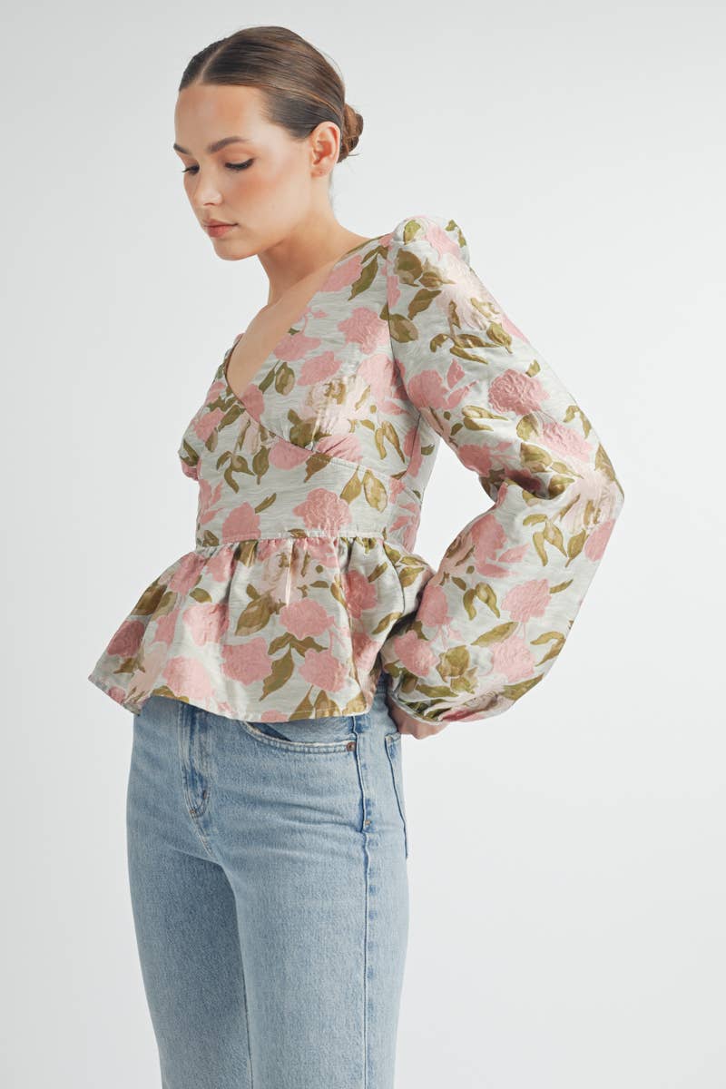 Floral Jacquard Peplum Blouse
