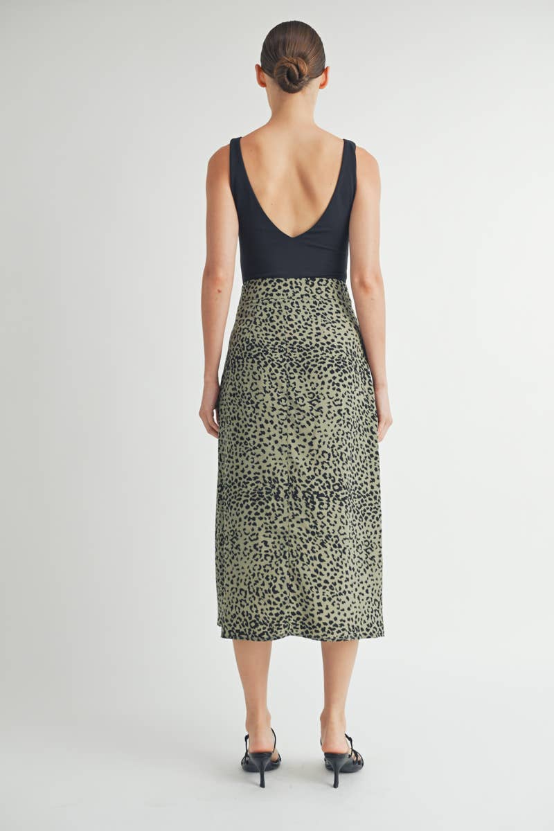 Olive Leopard Print Tiered Midi Skirt